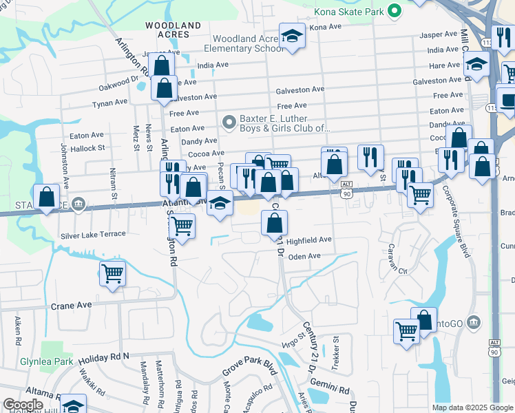 map of restaurants, bars, coffee shops, grocery stores, and more near 7950 Atlantic Boulevard in Jacksonville