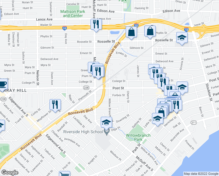 map of restaurants, bars, coffee shops, grocery stores, and more near Post Street in Jacksonville