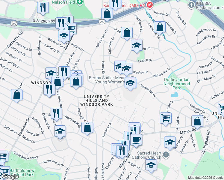 map of restaurants, bars, coffee shops, grocery stores, and more near N Hampton Rd & Towbridge Cir in Austin