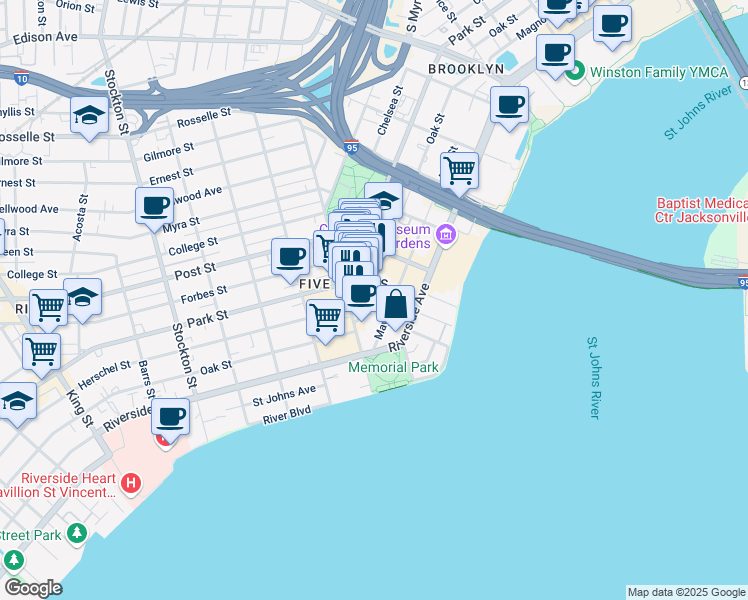map of restaurants, bars, coffee shops, grocery stores, and more near 709 Lomax Street in Jacksonville