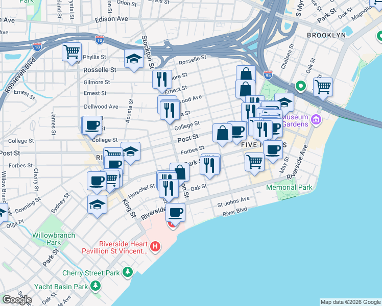 map of restaurants, bars, coffee shops, grocery stores, and more near 1104 Osceola Street in Jacksonville