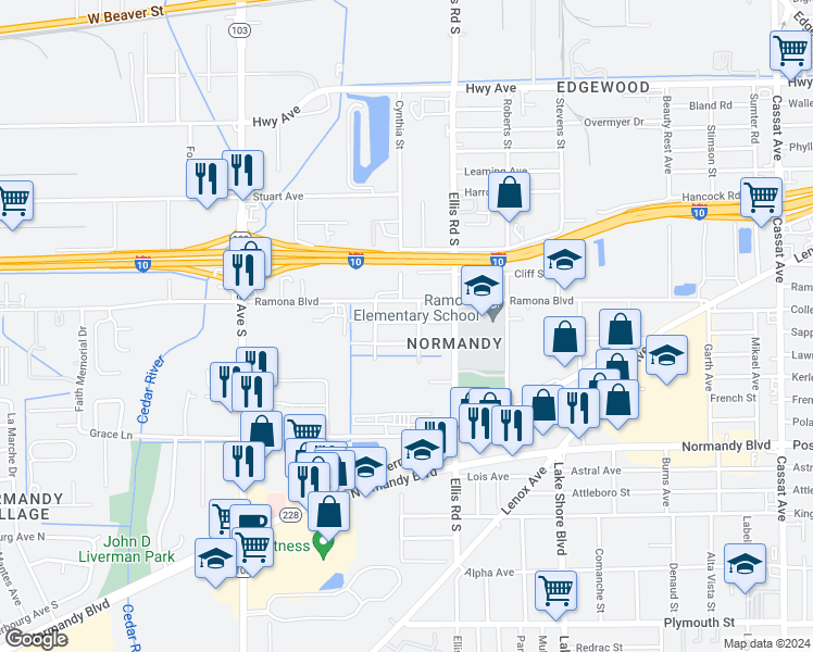 map of restaurants, bars, coffee shops, grocery stores, and more near 5678 Akra Avenue in Jacksonville