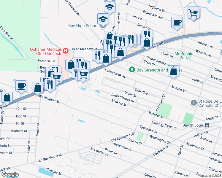 map of restaurants, bars, coffee shops, grocery stores, and more near 710 Union Street in Bay St. Louis