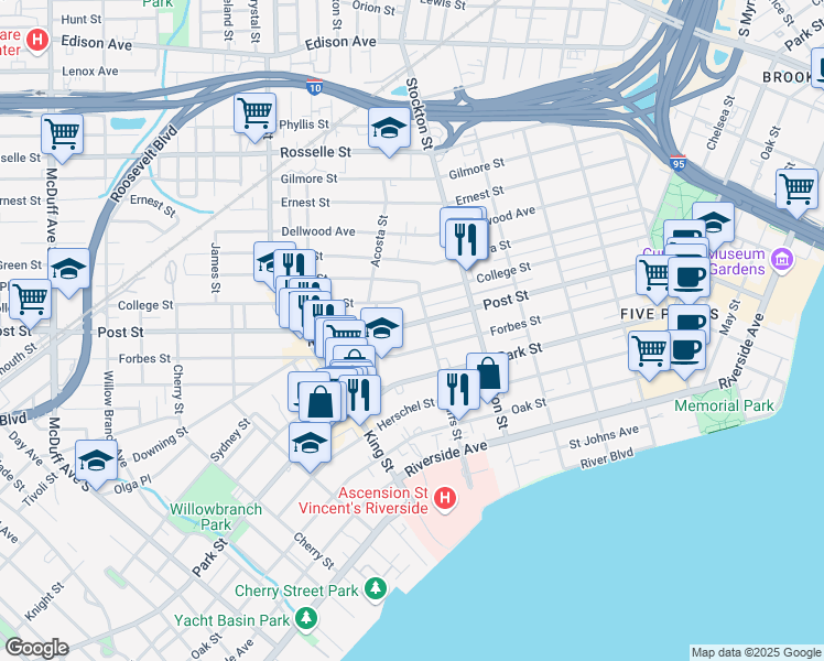 map of restaurants, bars, coffee shops, grocery stores, and more near 2574 Post Street in Jacksonville
