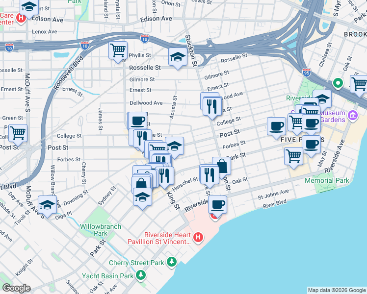 map of restaurants, bars, coffee shops, grocery stores, and more near 2574 Post Street in Jacksonville