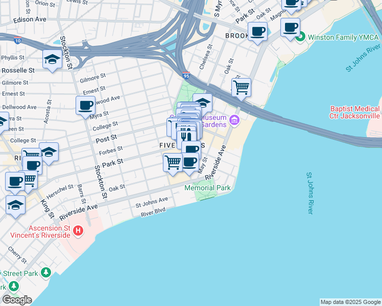 map of restaurants, bars, coffee shops, grocery stores, and more near in Jacksonville