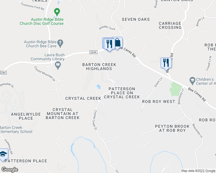 map of restaurants, bars, coffee shops, grocery stores, and more near 600 Crystal Creek Drive in Austin