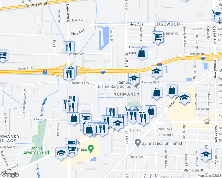 map of restaurants, bars, coffee shops, grocery stores, and more near 5684 Akra Avenue in Jacksonville