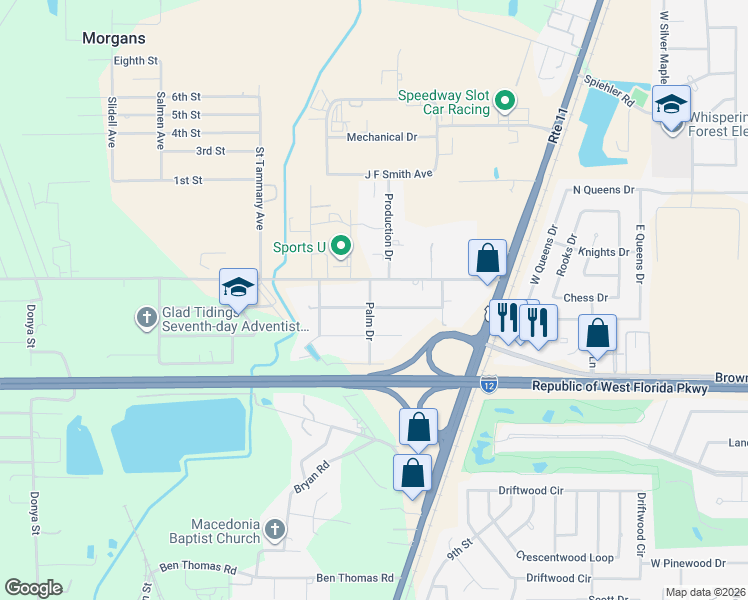 map of restaurants, bars, coffee shops, grocery stores, and more near 60516 Palm Drive in Slidell