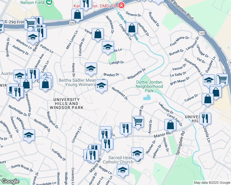 map of restaurants, bars, coffee shops, grocery stores, and more near 6412 Auburn Drive in Austin
