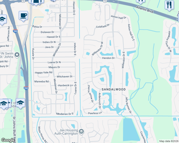 map of restaurants, bars, coffee shops, grocery stores, and more near 11071 Dusenburg Court in Jacksonville