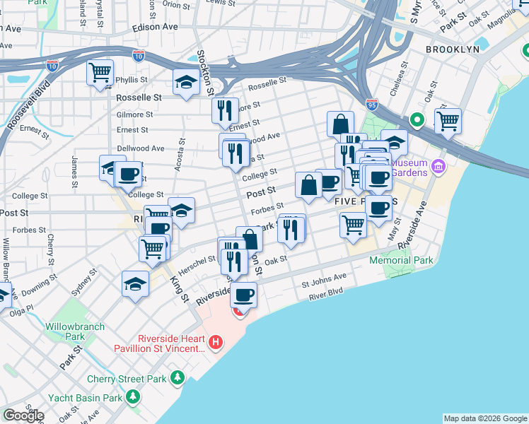 map of restaurants, bars, coffee shops, grocery stores, and more near 1104 Osceola Street in Jacksonville