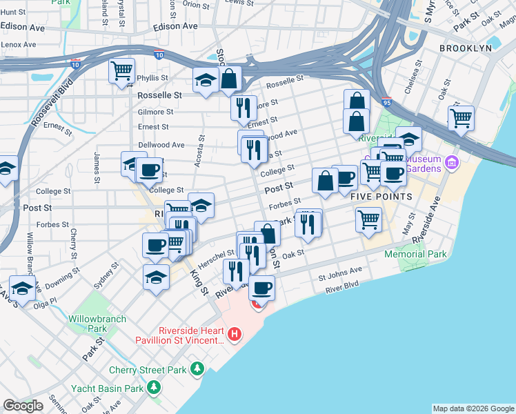 map of restaurants, bars, coffee shops, grocery stores, and more near 2345 Forbes Street in Jacksonville