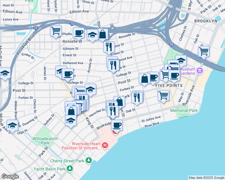 map of restaurants, bars, coffee shops, grocery stores, and more near 2530 Post Street in Jacksonville