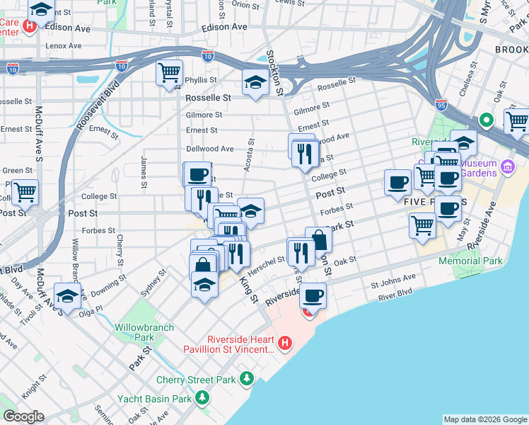 map of restaurants, bars, coffee shops, grocery stores, and more near 2574 Post Street in Jacksonville