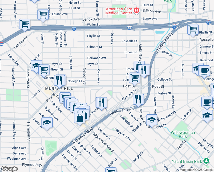 map of restaurants, bars, coffee shops, grocery stores, and more near 3243 Post Street in Jacksonville