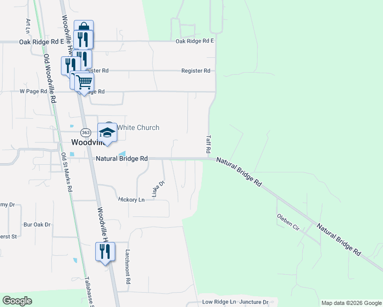 map of restaurants, bars, coffee shops, grocery stores, and more near 2366 Natural Bridge Road in Tallahassee