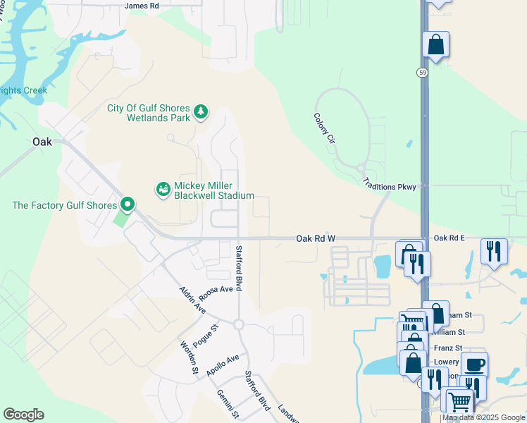 map of restaurants, bars, coffee shops, grocery stores, and more near 6014 Andhurst Drive in Gulf Shores