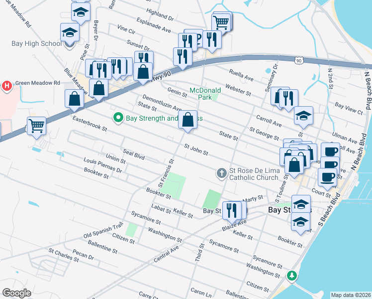 map of restaurants, bars, coffee shops, grocery stores, and more near 441 Saint John Street in Bay Saint Louis