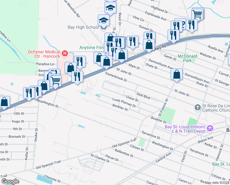 map of restaurants, bars, coffee shops, grocery stores, and more near 706 Union Street in Bay Saint Louis