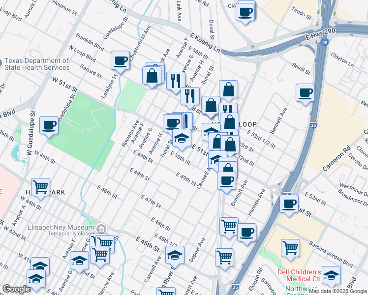 map of restaurants, bars, coffee shops, grocery stores, and more near 5011 Evans Avenue in Austin
