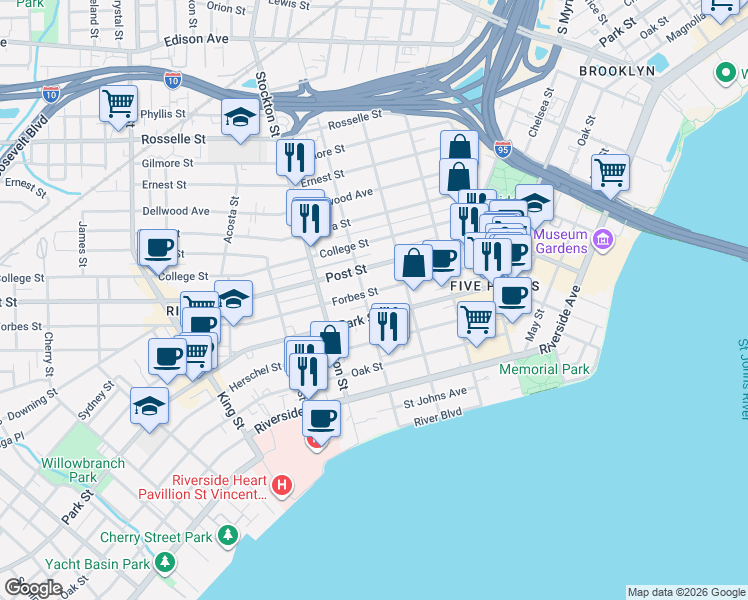 map of restaurants, bars, coffee shops, grocery stores, and more near 1104 Osceola Street in Jacksonville