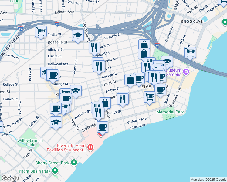 map of restaurants, bars, coffee shops, grocery stores, and more near 1104 Osceola Street in Jacksonville