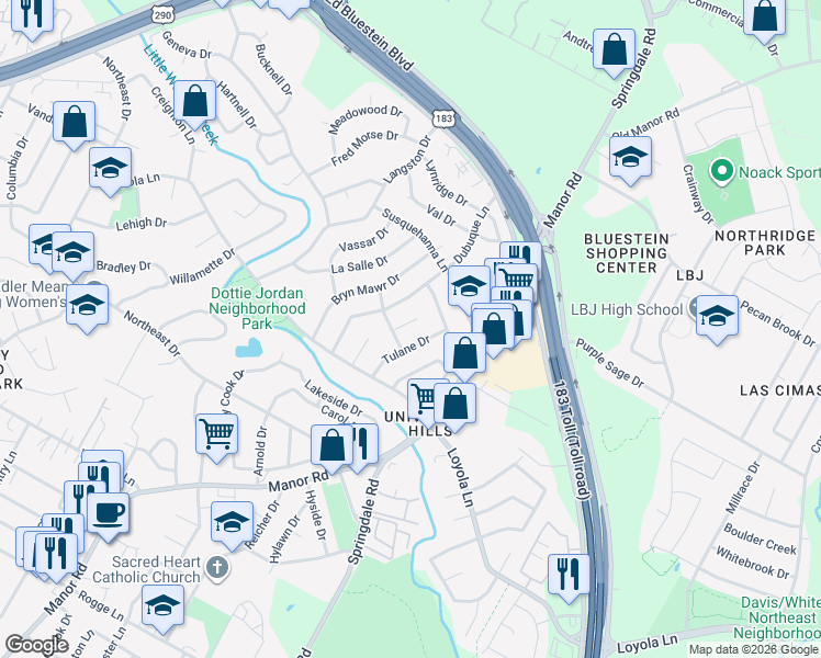 map of restaurants, bars, coffee shops, grocery stores, and more near 6805 Syracuse Cove in Austin