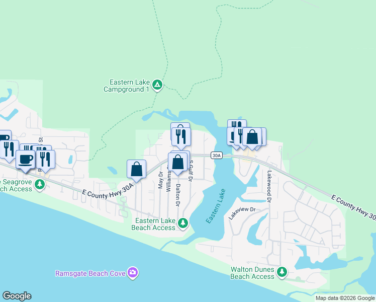 map of restaurants, bars, coffee shops, grocery stores, and more near 4965 East County Highway 30A in Santa Rosa Beach