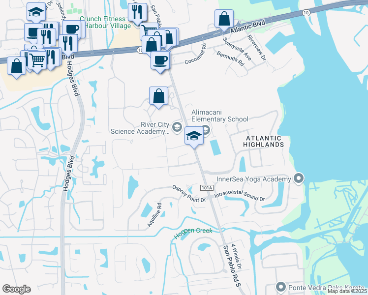 map of restaurants, bars, coffee shops, grocery stores, and more near 13588 Lobo Court in Jacksonville