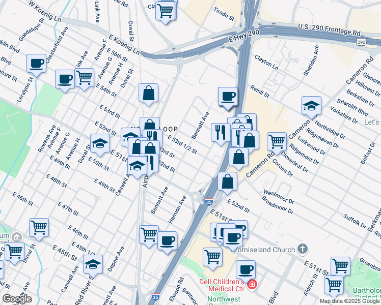 map of restaurants, bars, coffee shops, grocery stores, and more near 927 E 53rd 1/2 St in Austin