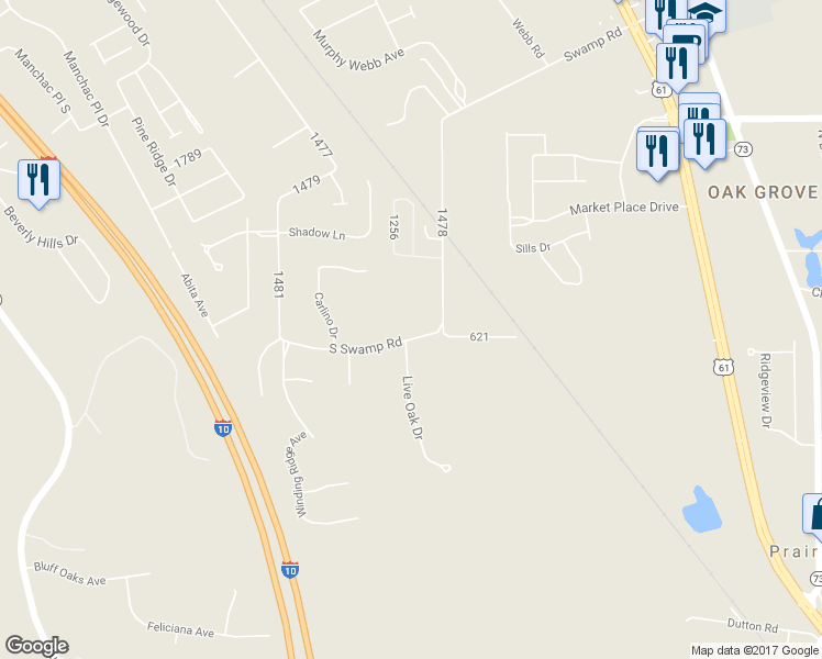 map of restaurants, bars, coffee shops, grocery stores, and more near 36588 South Swamp Road in Prairieville