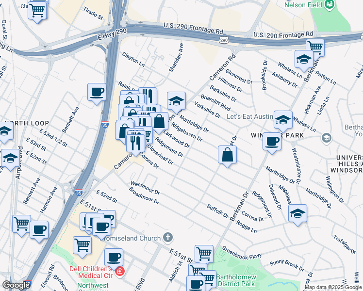 map of restaurants, bars, coffee shops, grocery stores, and more near 1307 Larkwood Drive in Austin