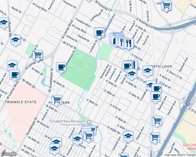 map of restaurants, bars, coffee shops, grocery stores, and more near 4810 Rowena Avenue in Austin