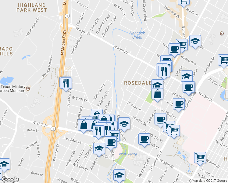 map of restaurants, bars, coffee shops, grocery stores, and more near 4105 Jefferson Street in Austin