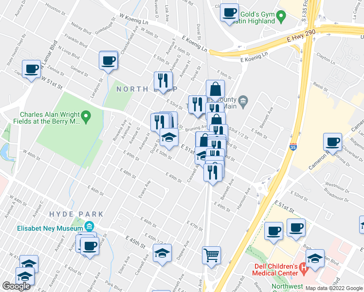 map of restaurants, bars, coffee shops, grocery stores, and more near E 51st St & Martin Ave in Austin