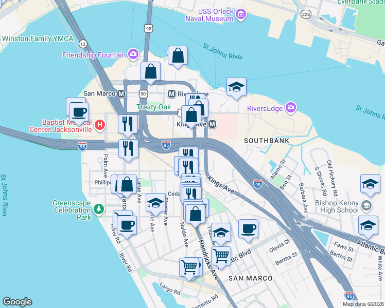 map of restaurants, bars, coffee shops, grocery stores, and more near 1300 Hendricks Avenue in Jacksonville
