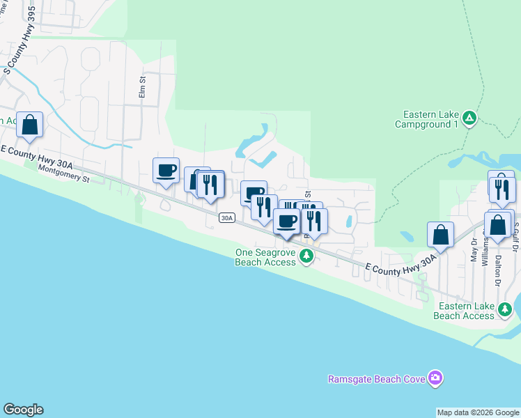 map of restaurants, bars, coffee shops, grocery stores, and more near 189 Sugar Sand Lane in Santa Rosa Beach
