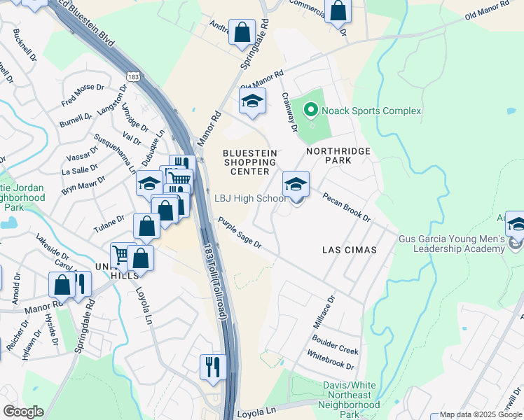 map of restaurants, bars, coffee shops, grocery stores, and more near 7301 Chisos Pass in Austin