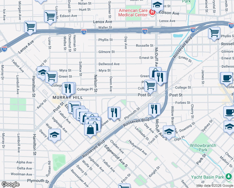 map of restaurants, bars, coffee shops, grocery stores, and more near 3243 Post Street in Jacksonville
