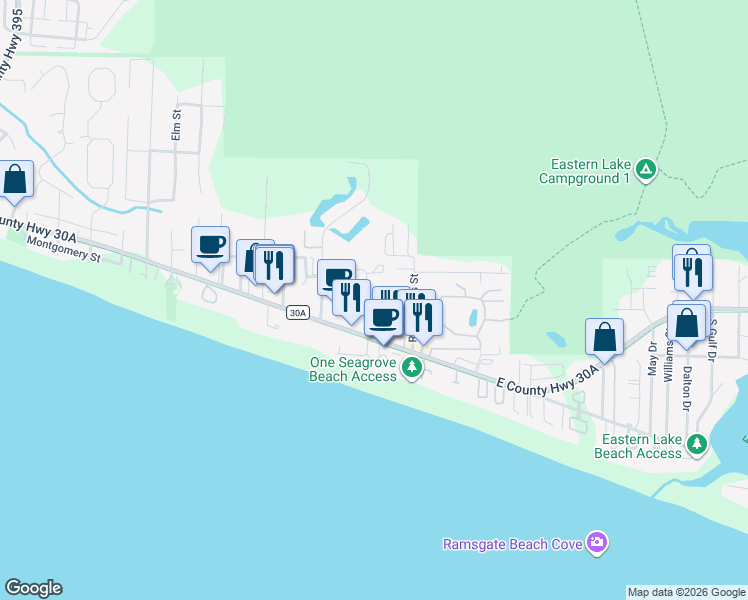 map of restaurants, bars, coffee shops, grocery stores, and more near 90 Sugar Sand Lane in Santa Rosa Beach