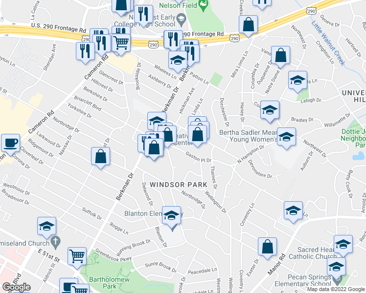 map of restaurants, bars, coffee shops, grocery stores, and more near 1920 Gaston Place Drive in Austin