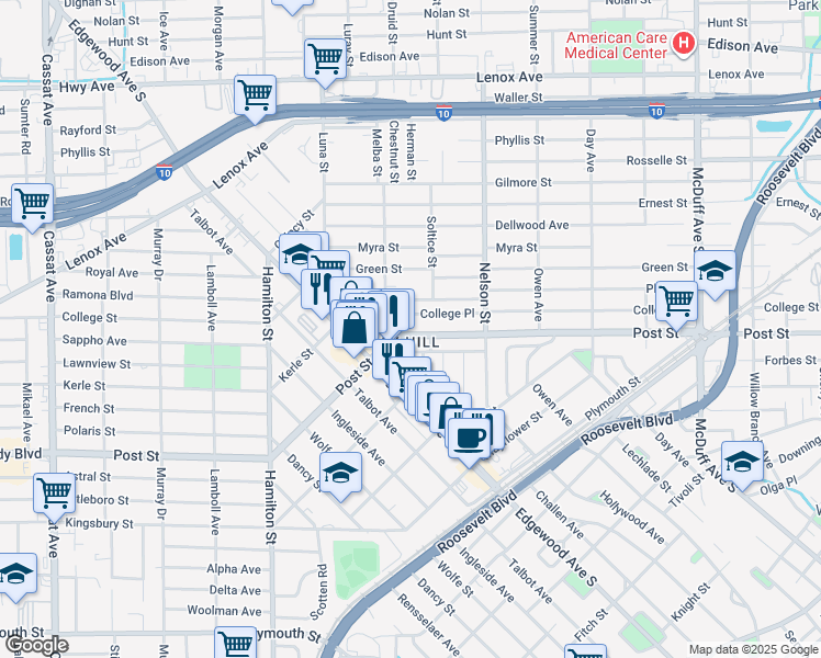 map of restaurants, bars, coffee shops, grocery stores, and more near in Jacksonville