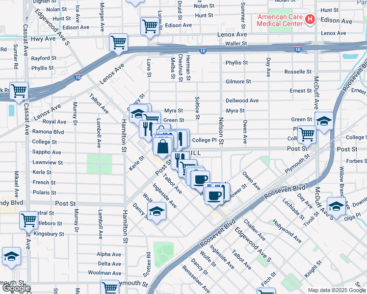 map of restaurants, bars, coffee shops, grocery stores, and more near 3635 Post Street in Jacksonville