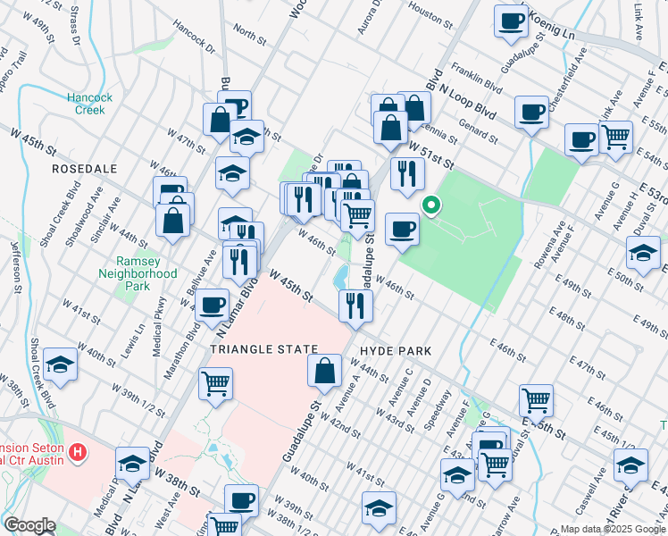 map of restaurants, bars, coffee shops, grocery stores, and more near 4517 Triangle Avenue in Austin
