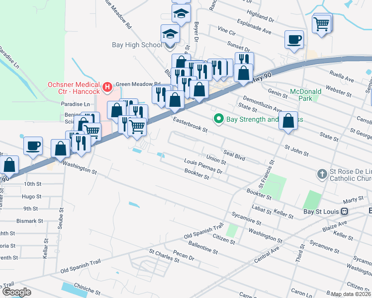 map of restaurants, bars, coffee shops, grocery stores, and more near 708 Union Street in Bay Saint Louis