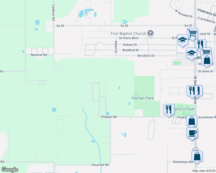 map of restaurants, bars, coffee shops, grocery stores, and more near 304 Bridgeport Lane in Carencro