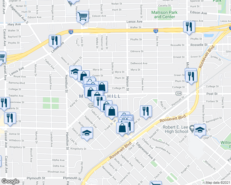 map of restaurants, bars, coffee shops, grocery stores, and more near 3551 Post Street in Jacksonville