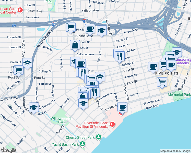 map of restaurants, bars, coffee shops, grocery stores, and more near 2627 Post Street in Jacksonville