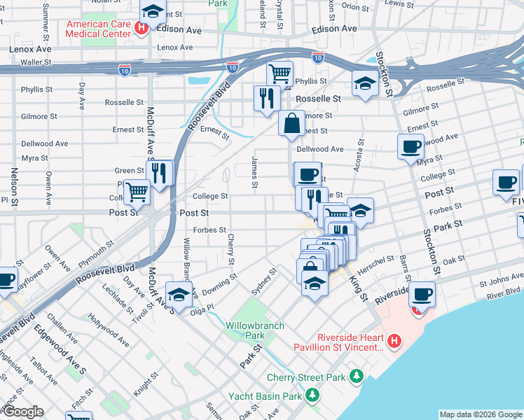 map of restaurants, bars, coffee shops, grocery stores, and more near 2817 Post Street in Jacksonville
